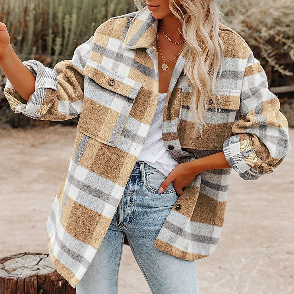 Karierte Damen-Flanelljacke mit entspannter Passform und aufgesetzten Taschen, Größe S