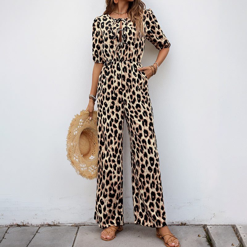 Damen Freizeit-Jumpsuit mit Leopardenmuster und Carmen-Puffärmeln, Größe [Größe]