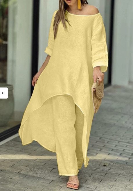 Valenzora | Irregular cotton-linen wide leg two-piece set