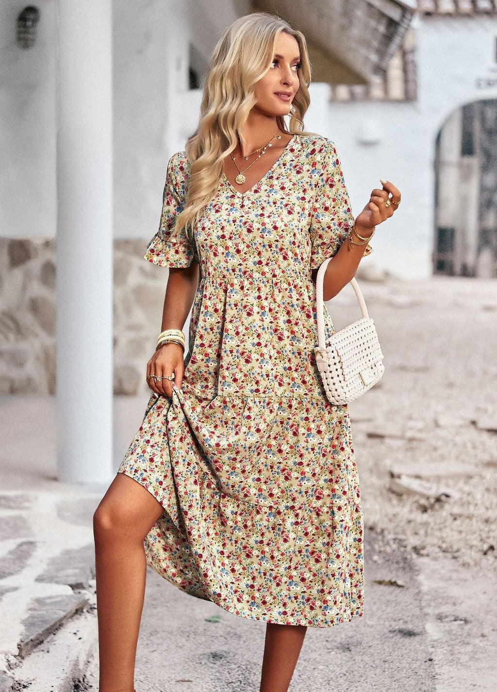 Women's midi dress with floral pattern and playful V-neck, size