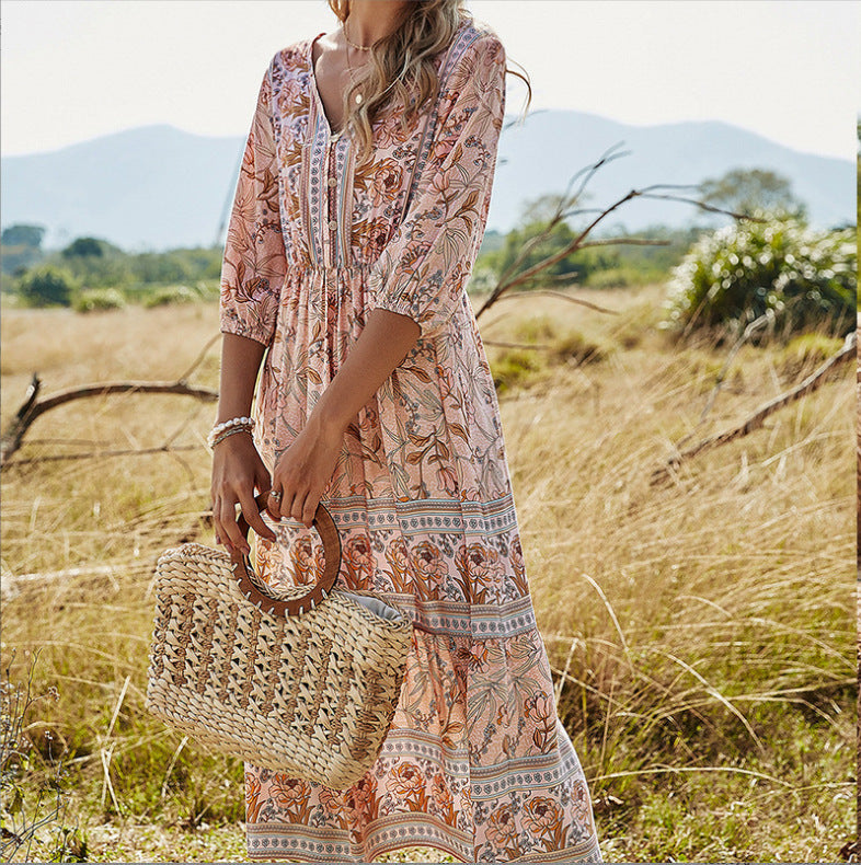 Valenzora | Women's midi dress with V-neck and floral pattern