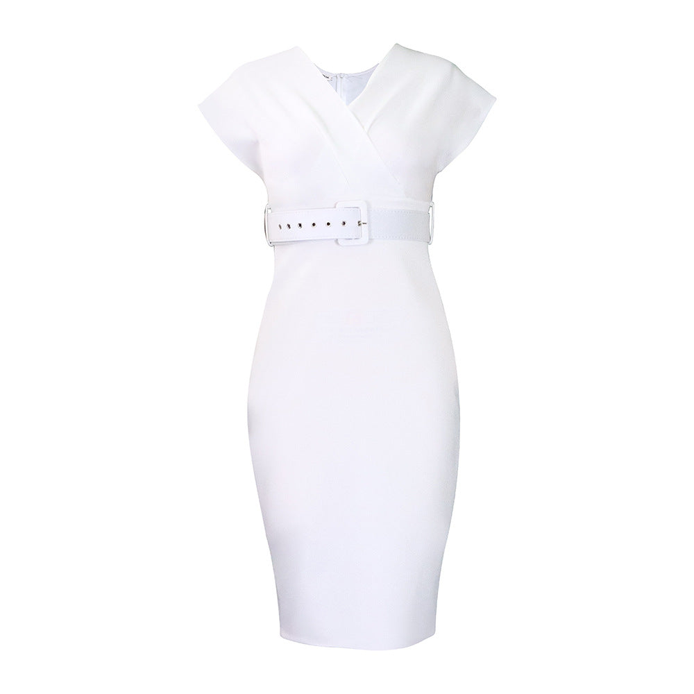 Valenzora | Women's V-neck fitted midi dress with belt