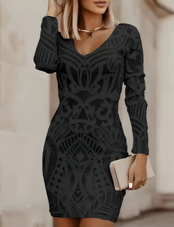 Noira™ – Figure-hugging bodycon dress with V-neck & patterned texture