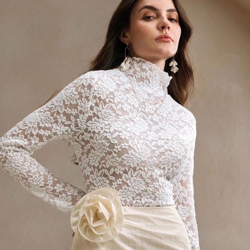 Valenzora | Lace Long Sleeve Stretchy Turtleneck T-Shirt