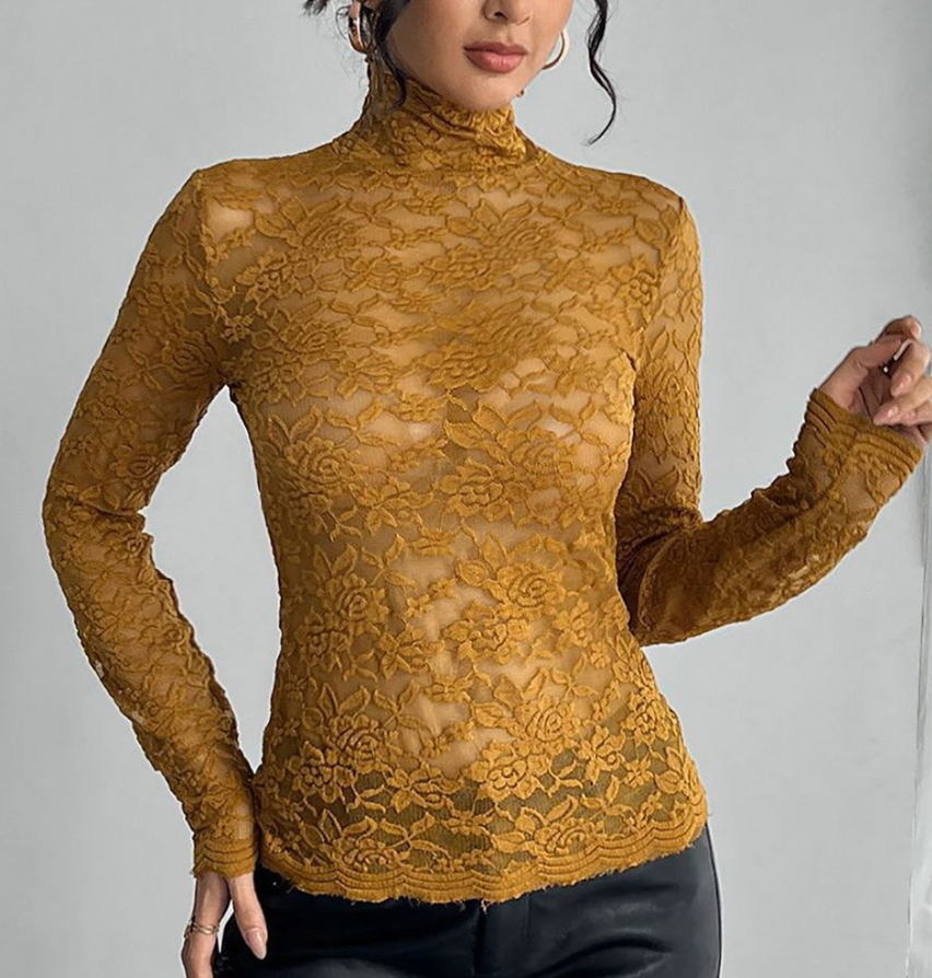 Valenzora | Lace Long Sleeve Stretchy Turtleneck T-Shirt