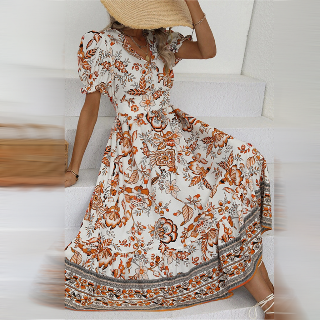 Valenzora | Elegant Orange Floral Dress