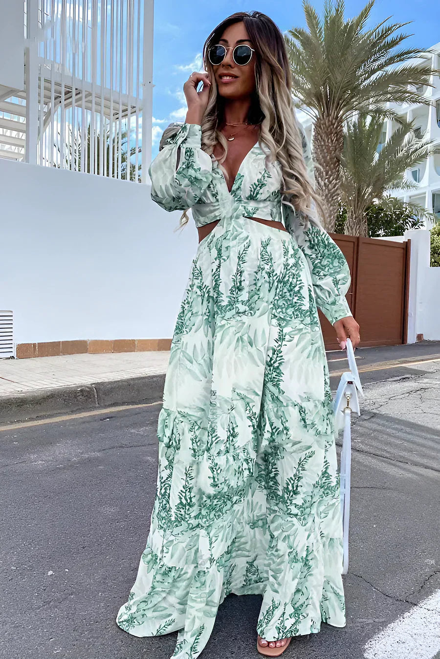 Valenzora | Elegantes langärmeliges V-Ausschnitt-Kleid mit Muster