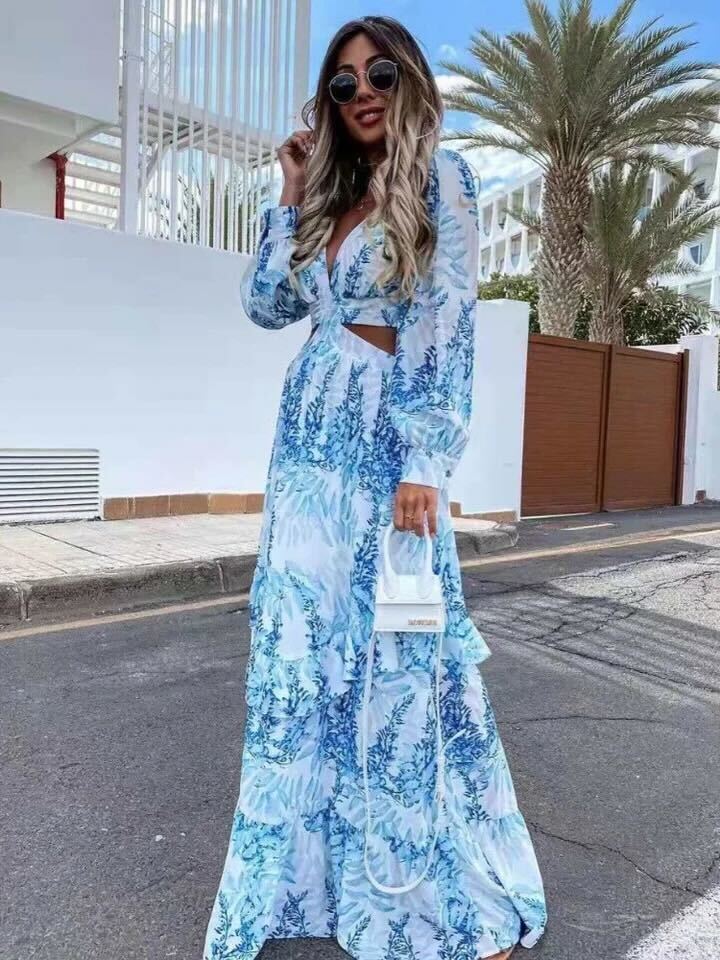 Valenzora | Elegantes langärmeliges V-Ausschnitt-Kleid mit Muster
