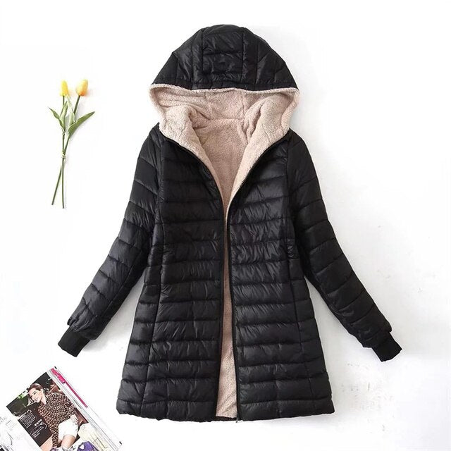 Mid-length parka with hood, cotton coat
