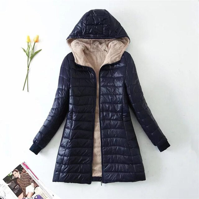 Mid-length parka with hood, cotton coat