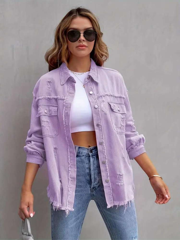 Valenzora Jeansjacke | Oversized zerrissene Jeansjacke für Damen