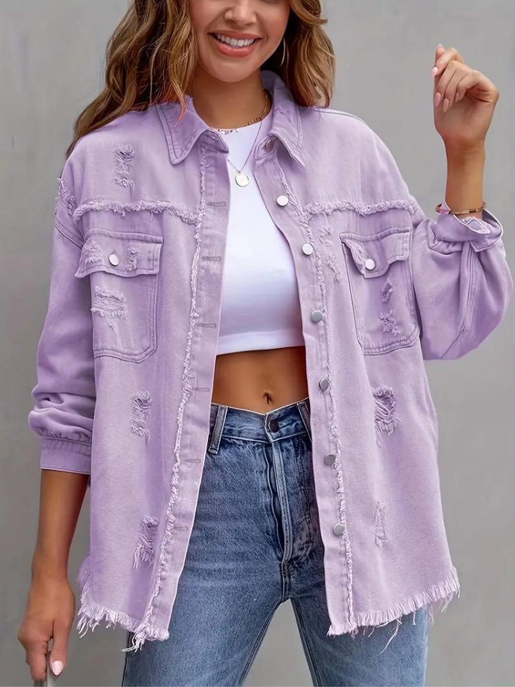 Valenzora Jeansjacke | Oversized zerrissene Jeansjacke für Damen