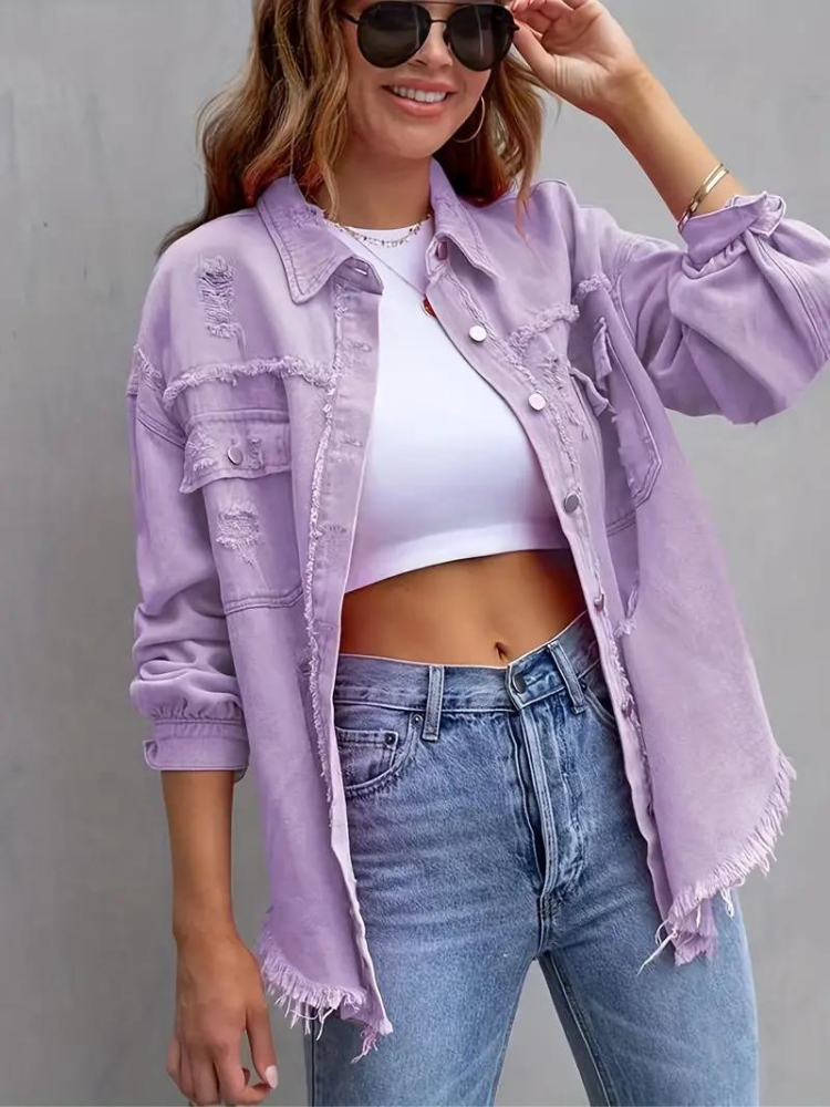 Valenzora Denim Jacket | Oversized ripped denim jacket for women