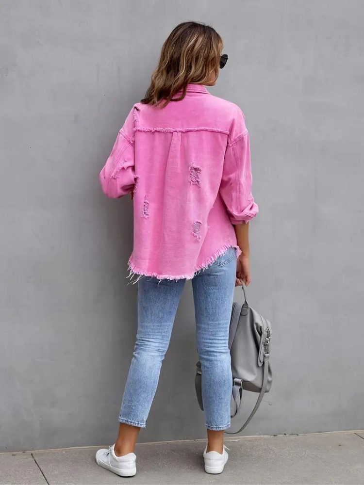 Valenzora Jeansjacke | Oversized zerrissene Jeansjacke für Damen