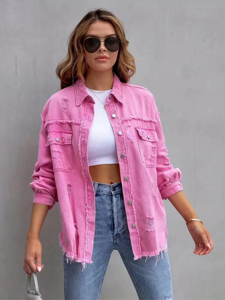 Valenzora Jeansjacke | Oversized zerrissene Jeansjacke für Damen
