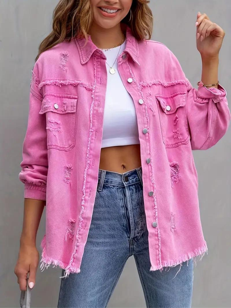 Valenzora Jeansjacke | Oversized zerrissene Jeansjacke für Damen