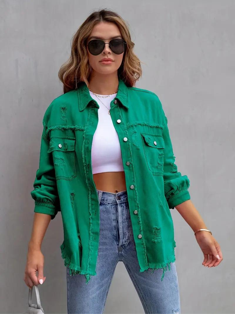 Valenzora Jeansjacke | Oversized zerrissene Jeansjacke für Damen