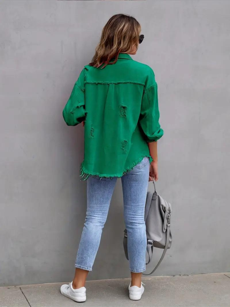 Valenzora Jeansjacke | Oversized zerrissene Jeansjacke für Damen
