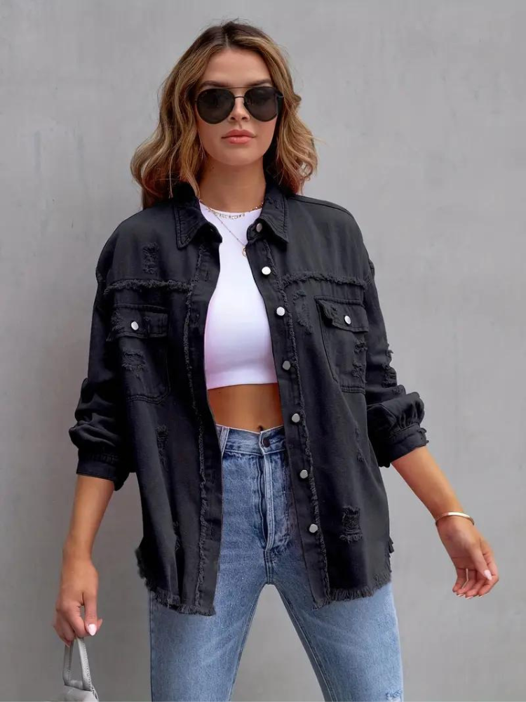 Valenzora Jeansjacke | Oversized zerrissene Jeansjacke für Damen