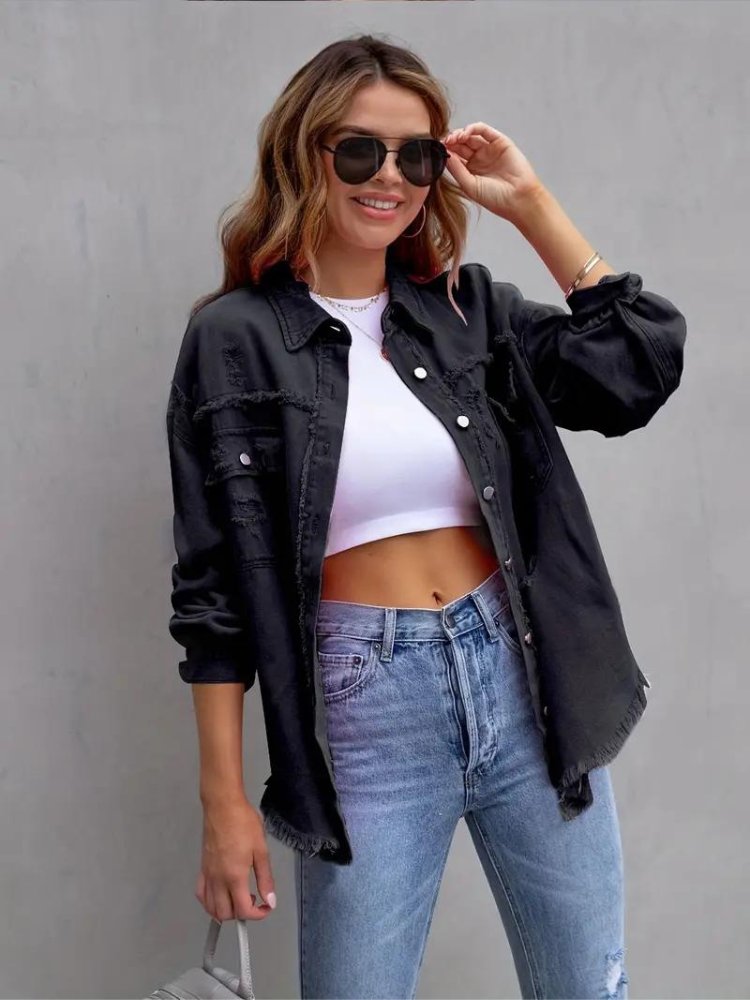 Valenzora Denim Jacket | Oversized ripped denim jacket for women