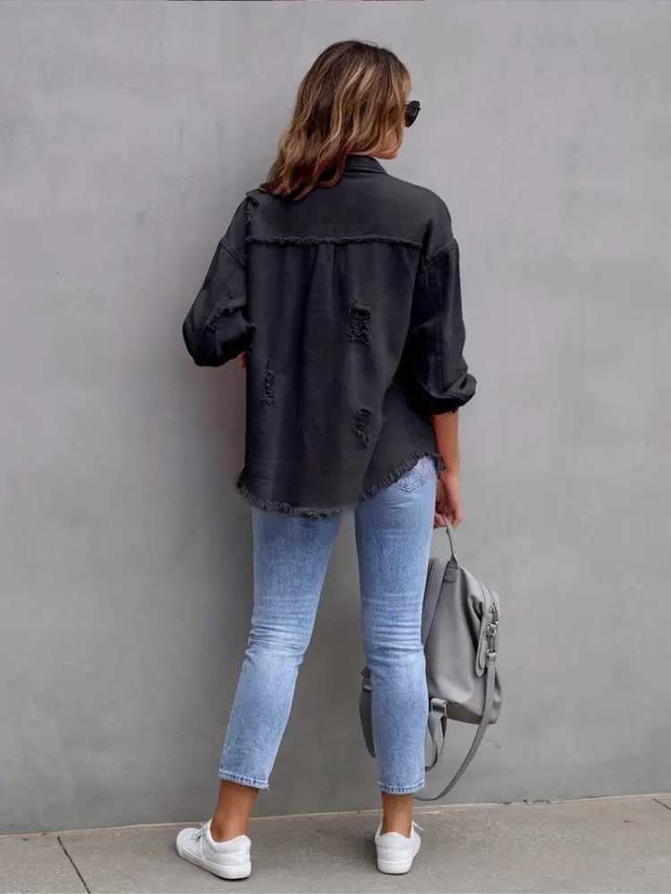 Valenzora Jeansjacke | Oversized zerrissene Jeansjacke für Damen