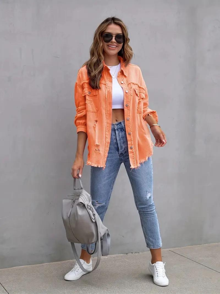 Valenzora Denim Jacket | Oversized ripped denim jacket for women