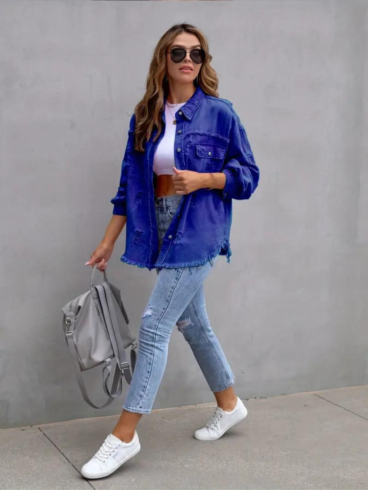 Valenzora Jeansjacke | Oversized zerrissene Jeansjacke für Damen