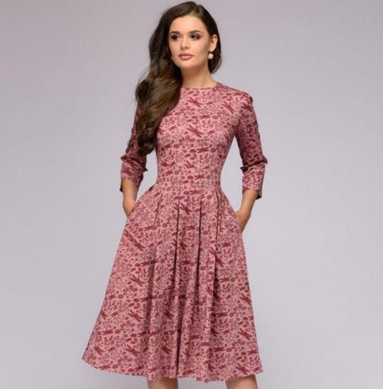 Valenzora | Lässiges Midikleid mit Rundhalsausschnitt, Blumenmuster und Taschen
