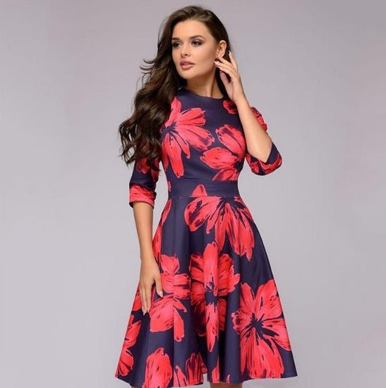 Valenzora | Lässiges Midikleid mit Rundhalsausschnitt, Blumenmuster und Taschen