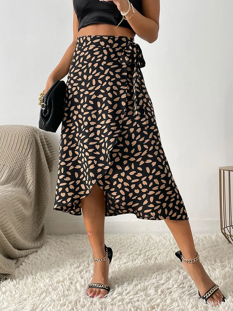 Valenzora Asymmetrical Skirt | Modern printed A-line skirt with tie side and high waist for women