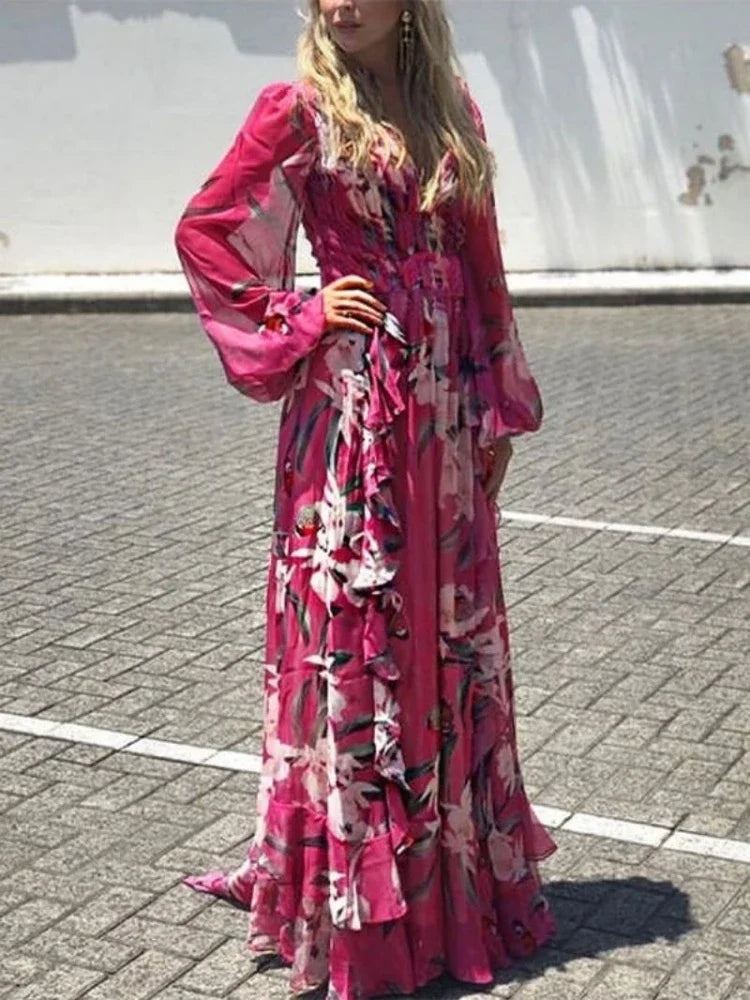 Valenzora | Langärmeliges Sommerkleid mit V-Ausschnitt und hoher Taille