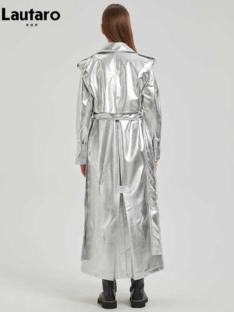 Valenzora | Lautaro Autumn Extra Long Gold Shiny Patent PU Leather Trench Coat for Women Simple Buckle Luxury Designer Overcoat