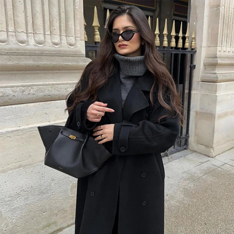 Valenzora | Elegant women's maxi coat with double-breasted buttons and belt