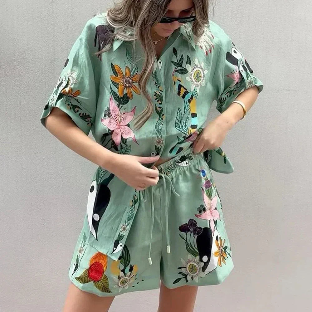 Valenzora | Women's 2-Piece Summer Set New Lounge Holiday Set Loose Fit Print Short Sleeve Collar Button T-Shirt with Shorts Set