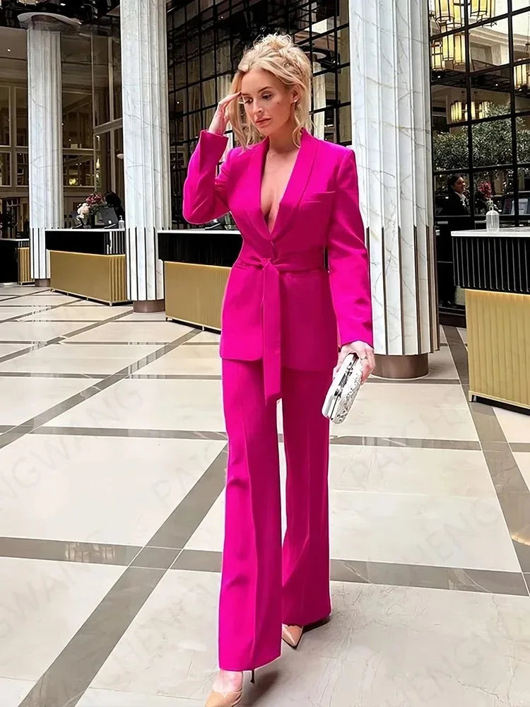 Valenzora | Women's Casual Blazer, Chic Outerwear, Elegant Flared Trousers, Long Sleeve, V-neck, Belt, Office Commuter Suit Set