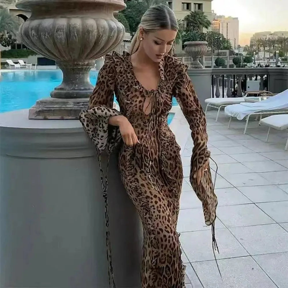 Valenzora | Leopard print dress with ruffles and high slit