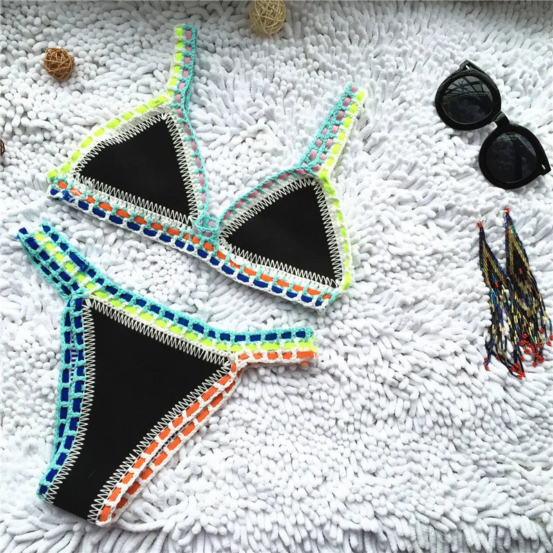 Valenzora | Knitted 2-Piece Bikini Swimsuit for Women, Summer Beach Holiday Swimwear, Sexy Triangle Cup V-Neck Strappy Swimwear