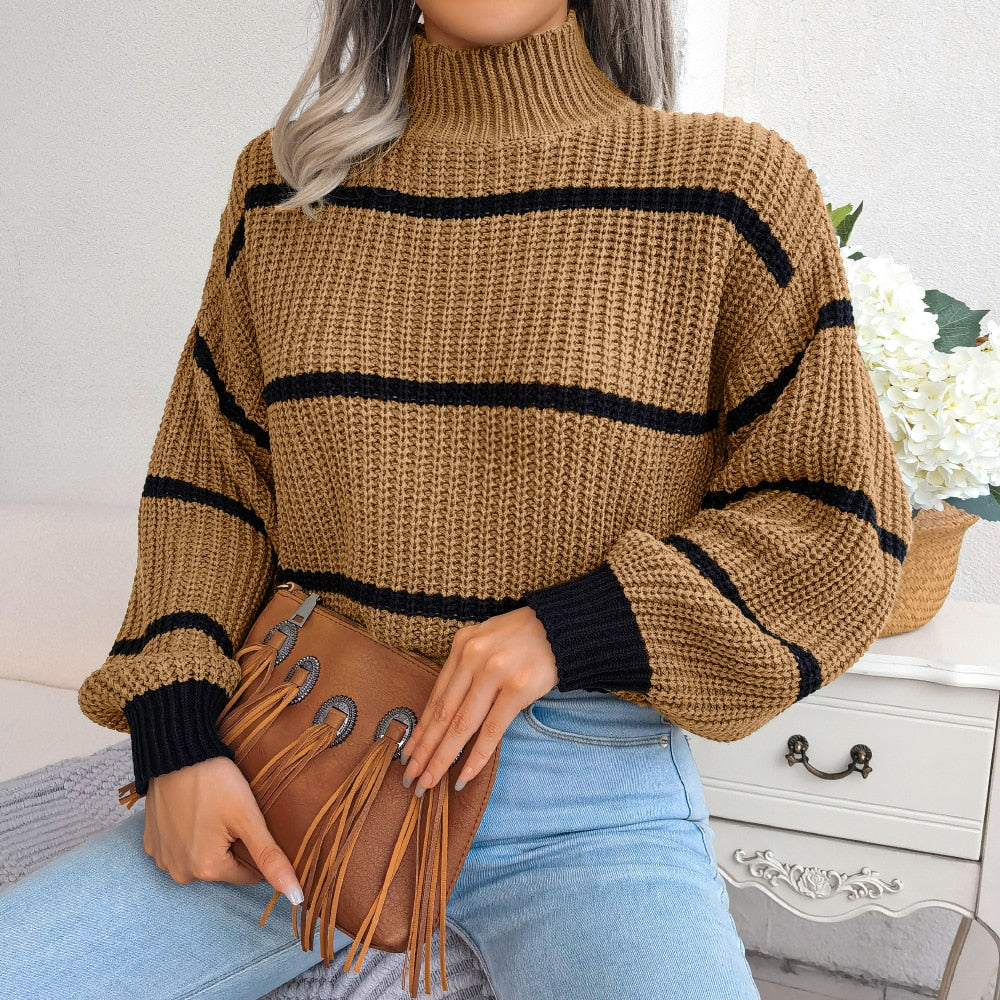 Valenzora Casual Striped Lantern Sleeve Sweater