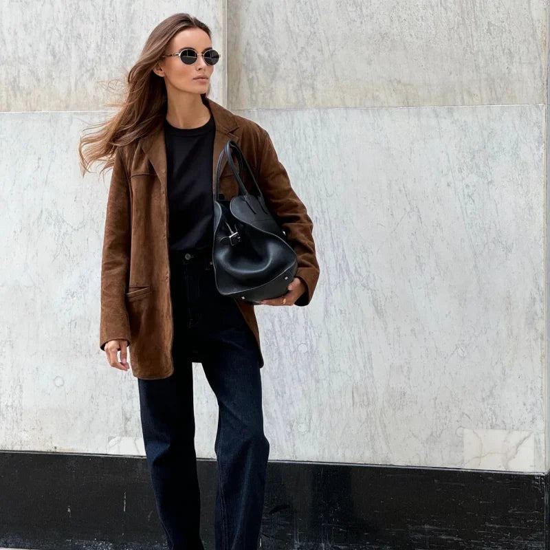 Valenzora | Brown suede jacket with lapels, chic and warm