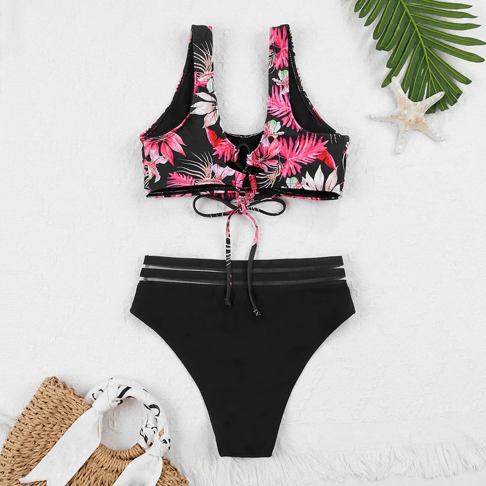 Valenzora | Lace-up High Waist Bikini Women's Swimwear Women's Swimsuit Padded Push-Up Floral Swimsuit Women's Bikini Set