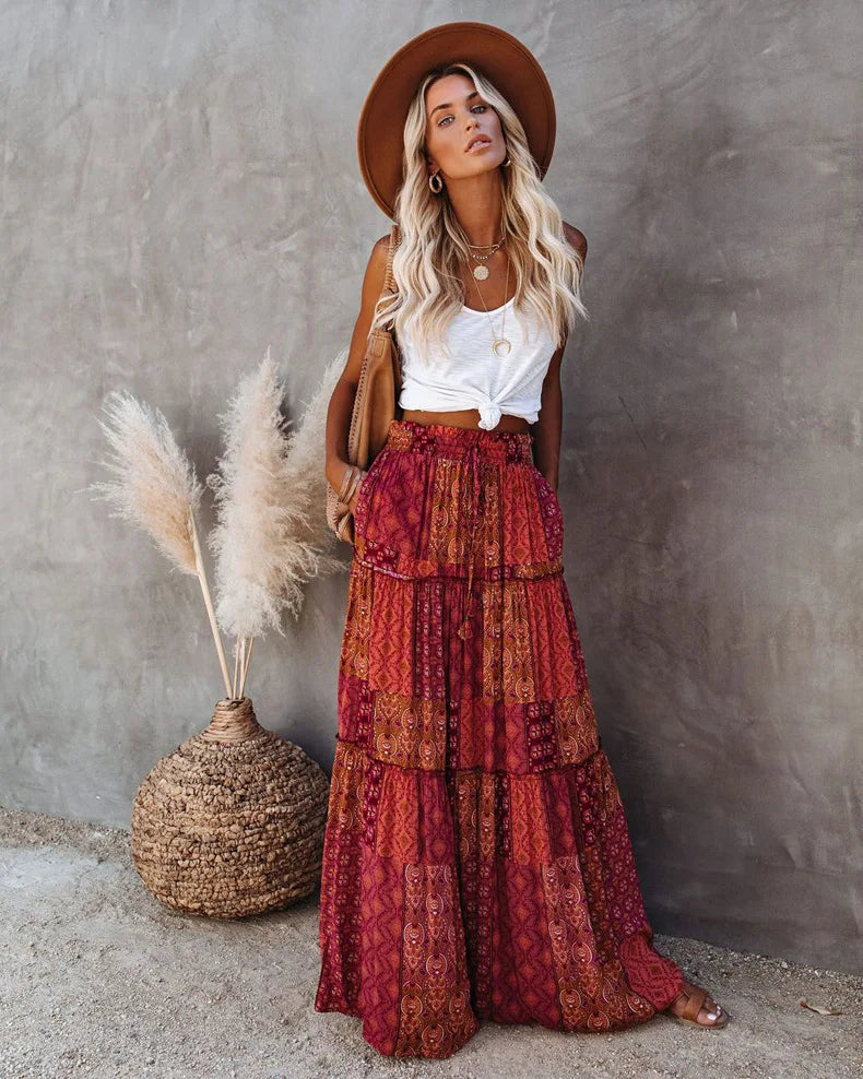 Valenzora | Langbedruckter A-Linienrock mit hoher Taille und Blumenmuster