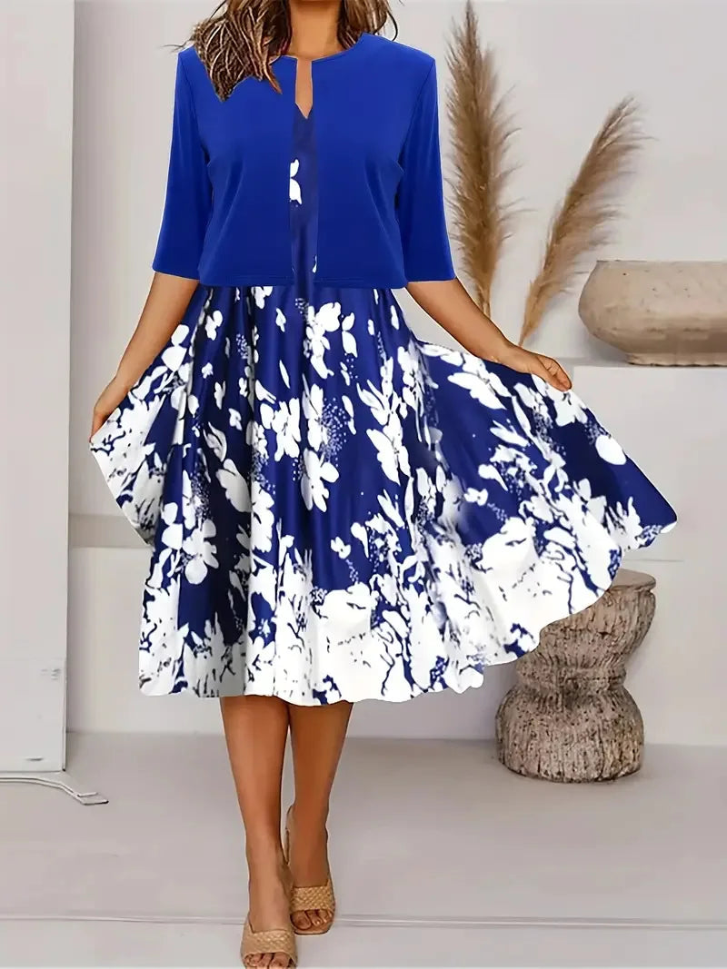 Valenzora | New for summer! EU US Autumn Women's 2 Long Dress Set Floral and Grass Dot Crew Neck Dress with Chiffon Short Jacket