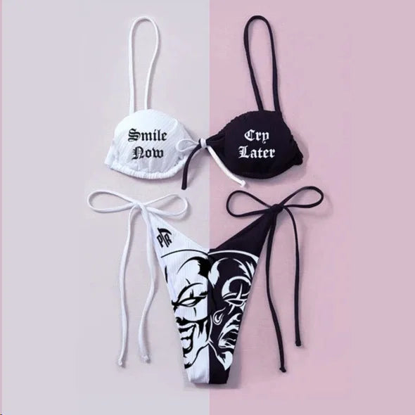 Valenzora | Sexy Gothic Bikini Damen Buchstaben Totenkopf Print Badeanzug Split Badeanzug High Waist Gothic Bikini Set Strand Outfits
