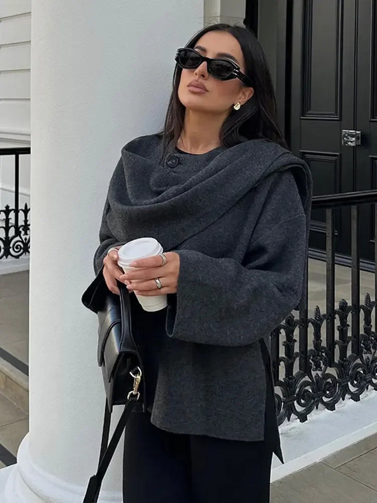 Knitted cape coat with scarf
