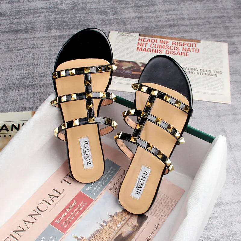 Valenzora | Summer Women's Sandals, Casual Slippers, Flat Shoes, Simple Style, Fashionable Studded Design, Walking and Shopping, Plus Sizes