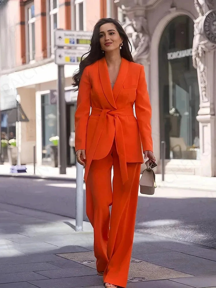 Valenzora | Women's Casual Blazer, Chic Outerwear, Elegant Flared Trousers, Long Sleeve, V-neck, Belt, Office Commuter Suit Set