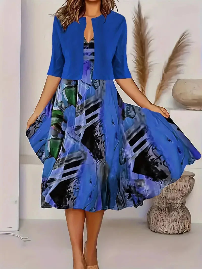 Valenzora | New for summer! EU US Autumn Women's 2 Long Dress Set Floral and Grass Dot Crew Neck Dress with Chiffon Short Jacket