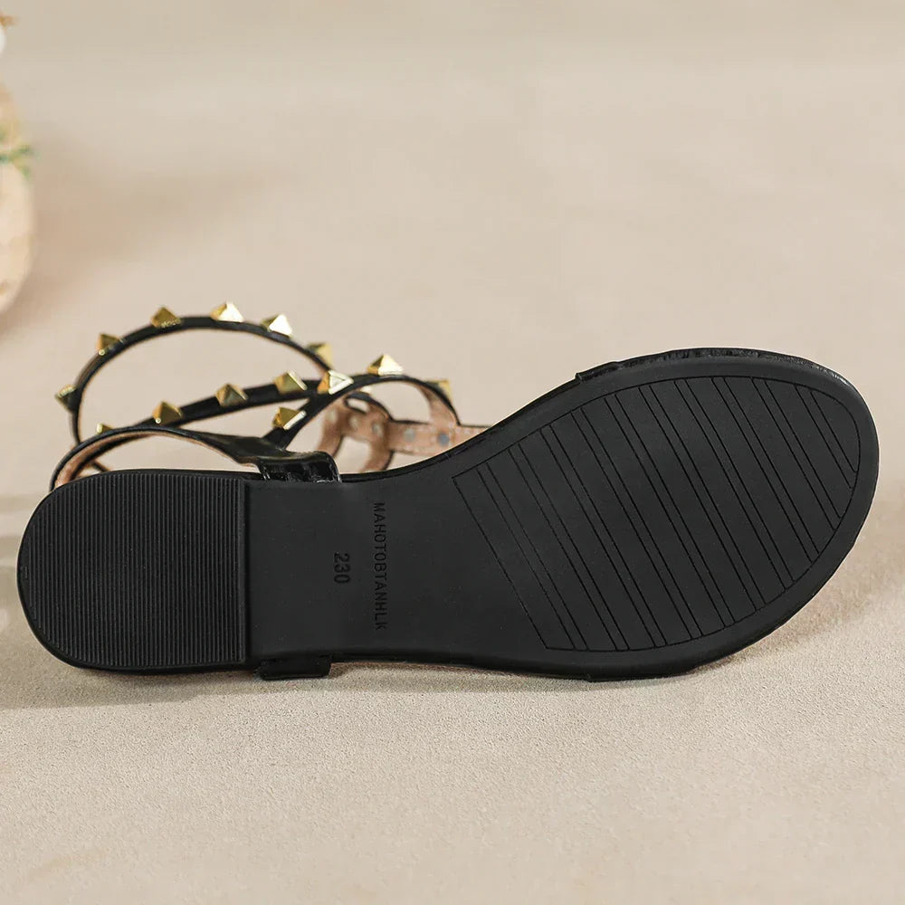 Valenzora | New Summer Outdoor Women's Flat Sandals British Style Women's Casual Roman Flat Stylish Studded Design Work and Party