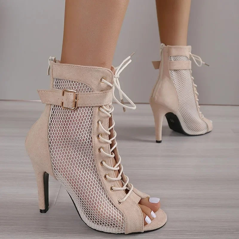 Valenzora | Sandals Cave Mesh Heels Belt Buckle Women's Summer Beige Lace-up Sexy Open Toe Stiletto Jazz Dance Party Women's Shoes