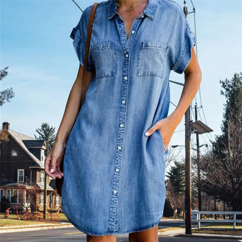 Valenzora | Casual short-sleeved denim mini summer dress for women with buttons